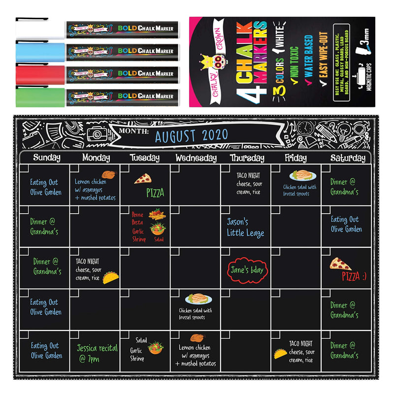 [Australia - AusPower] - Chalky Crown - Magnetic Calendar for Fridge, 12x16 inches Magnetic Dry Erase Calendar - Ideal as Family Calendar and Chores Chart for Kids - Fridge Calendar with 4 Chalk Markers Included Fridge Calendar w/ Markers 