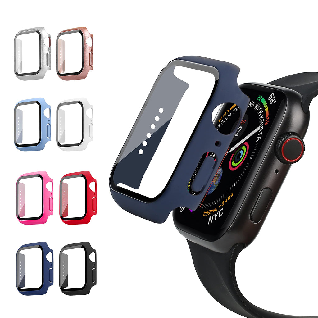 [Australia - AusPower] - RIDAINTY 8 Pack Screen Protector Case for Apple Watch 44mm Series 6 5 4 SE Ultra Slim Hard Case with Tempered Glass Bumper iWatch Protective Cover Smartwatch Accessories for Women Men Black/White/Silver/Rose Gold/Rose Red/Red/Light Blue/Navy Blue 