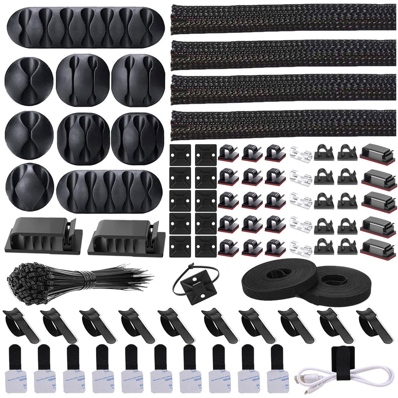 [Australia - AusPower] - Cord Management Organizer Kit 4 Cable Sleeve Split with 41Self Adhesive Cable Clips Holder, 10pcs and 2 Roll Self Adhesive tie and 100 Fastening Cable Ties for TV Office Car Desk Home Nightstand 
