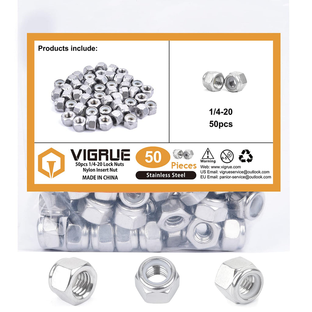 [Australia - AusPower] - VIGRUE 50PCS 1/4-20 Lock Nuts Nylon Insert Nut Assortment Kit, 304 Stainless Steel Hex Locknuts 