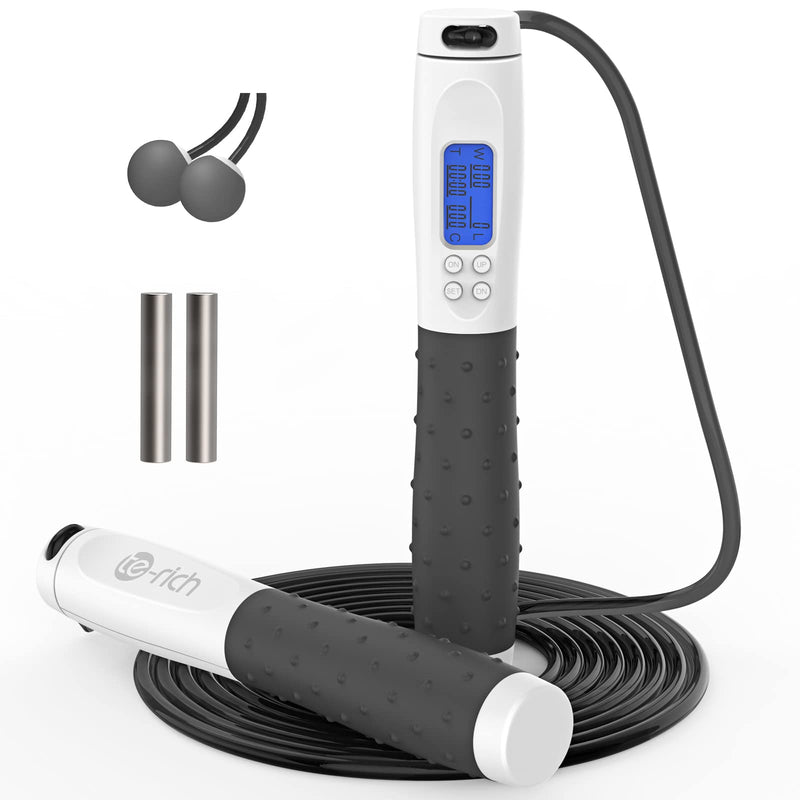 [Australia - AusPower] - Te-Rich Jump Rope, Weighted Jump Rope for Fitness, Skipping Rope with Counter - Heavy Handles, Adjustable Length - Cordless Jumping Rope for Men Women Kids White+Gray 