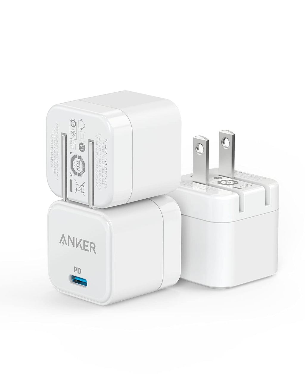 [Australia - AusPower] - USB C Charger, Anker 3-Pack 20W Fast Charger with Foldable Plug, PowerPort III 20W Cube Charger for iPhone 13/13 Mini/13 Pro/13 Pro Max/12, Galaxy, Pixel 4/3, iPad/iPad Mini, and More 