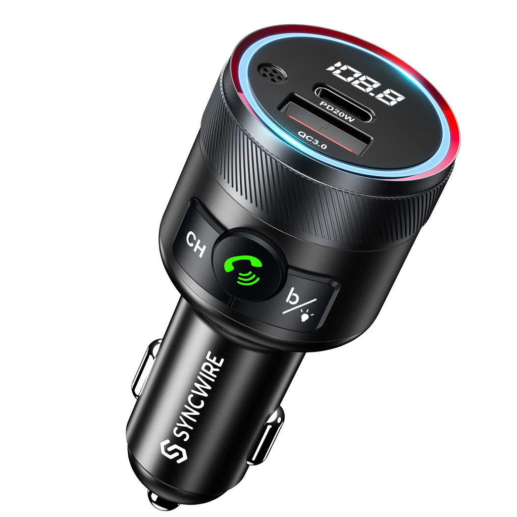 [Australia - AusPower] - Syncwire Bluetooth 5.1 FM Transmitter for Car, 38W PD&QC3.0 Fast Car Charger Wireless Bluetooth FM Radio Adapter Bass Sound Music Player FM Car Kit with Hands-Free Calling Support USB Drive 