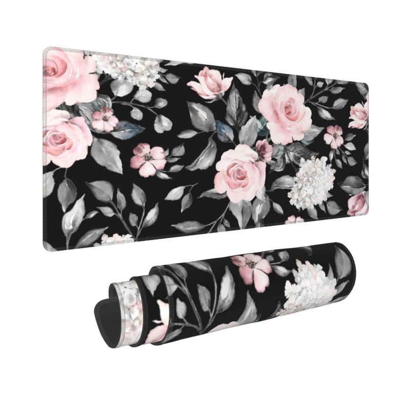 [Australia - AusPower] - Floral Extended Gaming Mouse Pad Non-Slip Rubber Base Black Large Mousepad 31.5x11.8in with Stitched Edge Waterproof Pink Peony Flowers Pads Computer Black Desk Laptop Mats for Work/Game/Office/Home Flower 