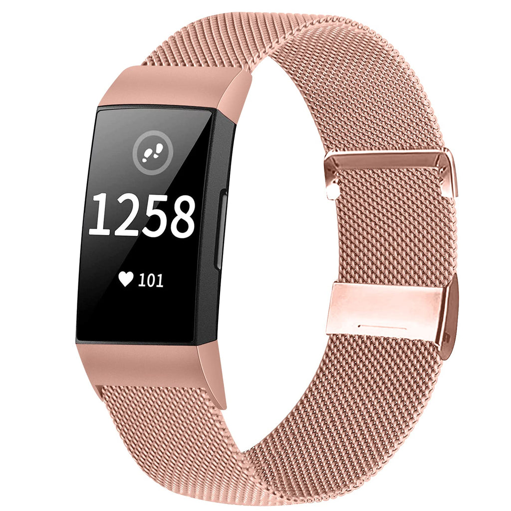 [Australia - AusPower] - XFYELE Metal Mesh Stainless Steel Watch Band Compatible with Fitbit Charge 4/ Charge 3/ Charge 3 SE Smart Watch, Adjustable Magnetic Clasp Sport Watch Straps for Women Men Pink Gold Large 