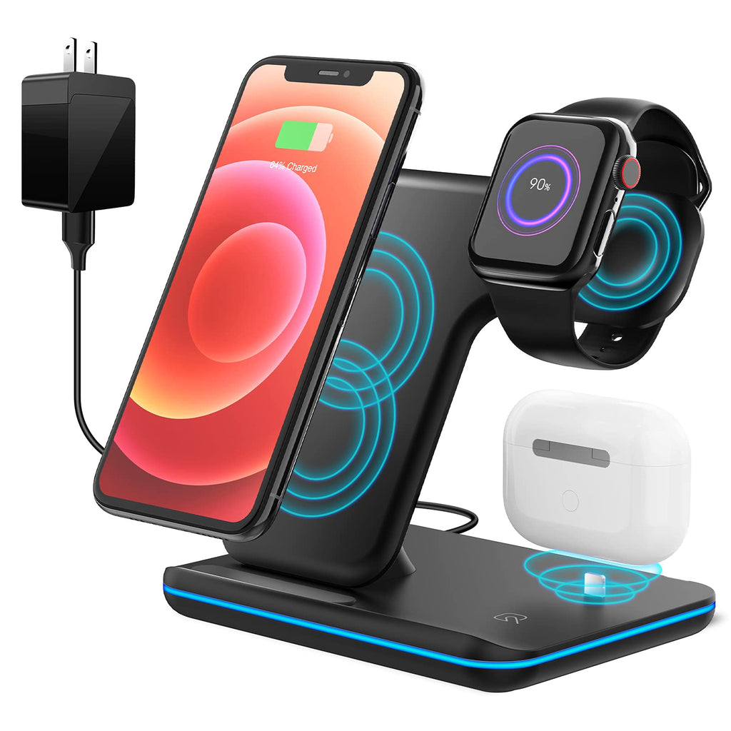 [Australia - AusPower] - Wireless Charger, 3 in 1 Fast Wireless Charging Station 15W QI Certified Wireless Charger Station for iPhone 13/13 Pro/13 Pro Max/12/X/XS Max /8/ iWatch Series 2/3/4/5 Airpods 2 with QC 3.0 Adapter black 