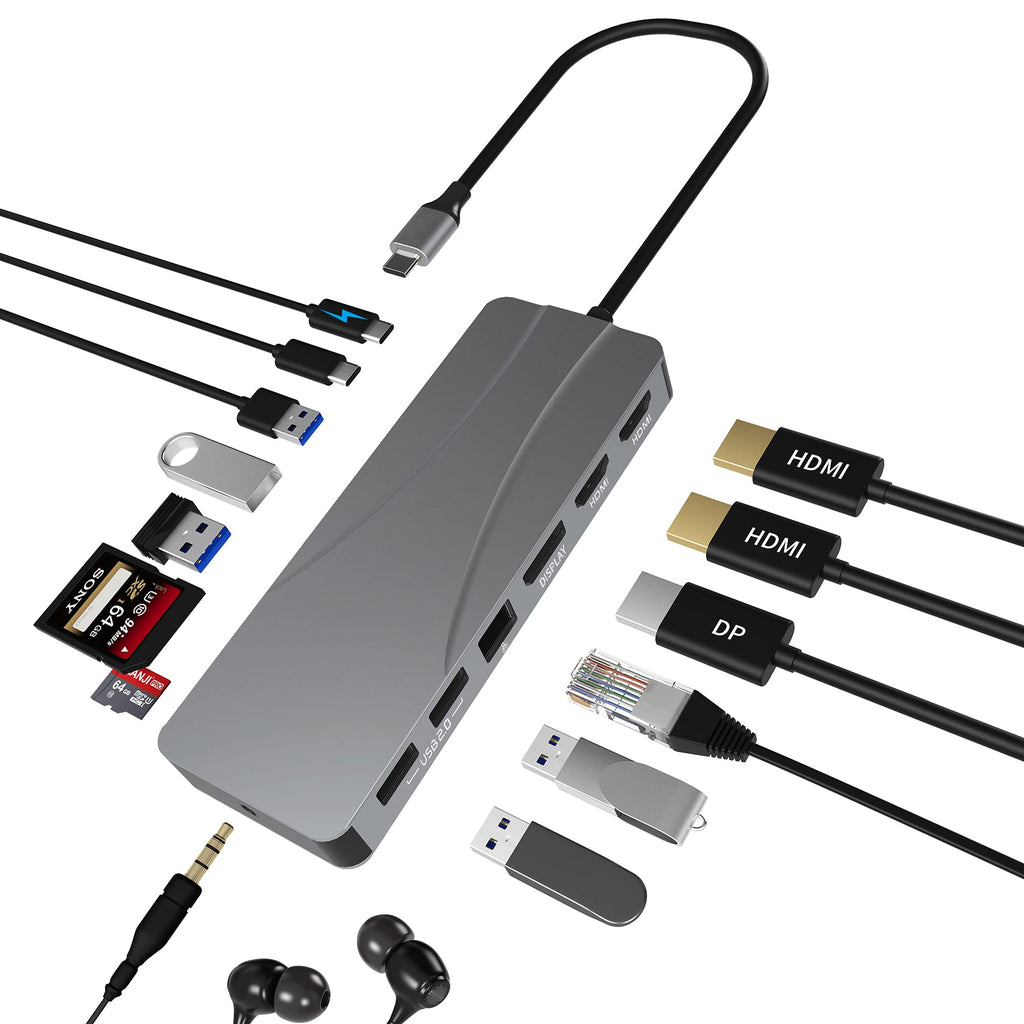 [Australia - AusPower] - USB C Hub,14 in 1 Type C Adapter Docking Station with 2 HDMI and DP, 60W Power Delivery, 1 Gbps Ethernet, USB-C and 3 USB-A Data Ports, USB3.0 SD and TF Card Slot, 3.5mm Audio (DP +HDMI Hub) 