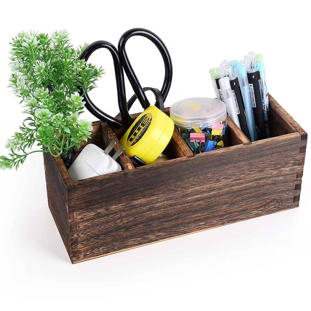 [Australia - AusPower] - Wood Desk Organizer,Pencil Organizer Adjustable 3 Compartments,Small Wooden Box Pen Holder for Desk Office Accessories Storage 