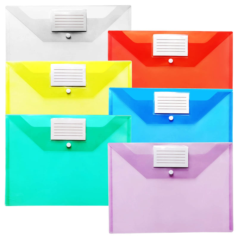 [Australia - AusPower] - 12 Pack Plastic Envelopes, Clear Poly Envelopes with Label Pocket & Snap Closure, File Document Folders US Letter A4 Size for Home School Office Organization, 6 Colors 
