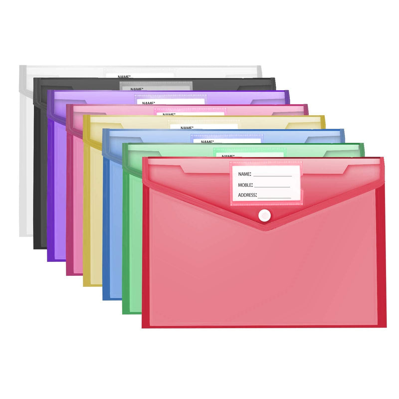 [Australia - AusPower] - Plastic Envelopes, 16 Pack Clear Poly Envelopes with Label Pocket & Snap Closure, Document Folders US Letter A4 Size File Envelopes for Home School Office Organization, 8 Colors 