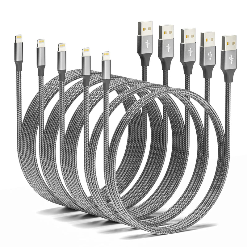 [Australia - AusPower] - [Apple MFi Certified] iPhone Charger Cable 5pack [3/3/6/6/10FT] Nylon Braided Compatible iPhone 1/11 Pro/Pro Max/SE/X/XS Max/XR/8/8 Plus/7/7 Plus/iPad/iPod Grey 
