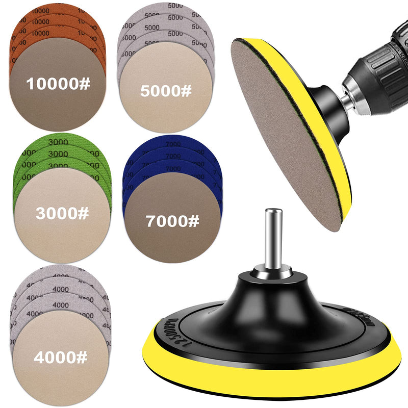 [Australia - AusPower] - Water Grit Sandpaper 3000/4000/5000/7000/10000 and 5-inch Backing Pad Set, Wet Dry Electric Hook &Loop Sanding Disc with Pad, Grinding Abrasive Paper and Orbital Sander Polisher 