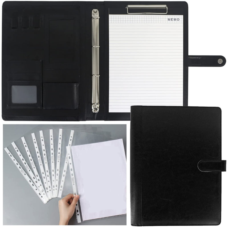 [Australia - AusPower] - Professional Portfolio Leather Business Padfolio Notebook with Letter Size Clipboard, A4 Portfolio Binder & Organizer Folder (Black) Black 