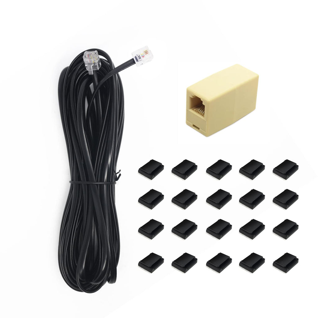 [Australia - AusPower] - 33Ft Black RJ11 6P4c Telephone Cable with 1 in-Line Coupler and 20 Adhesive Cable Clips with Steel Nails for Landline Phones, Fax Machines, Modems, or Answering Machines 33FT Black Flat Cable Set 