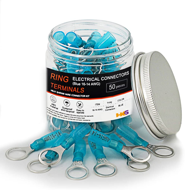 [Australia - AusPower] - HKS 50 PCS Ring Terminals 3/8" Blue 16-14 AWG - M10 - Electrical Connectors - Heat Shrink Wire Connector Kit - Tinned Red Copper - Automotive Marine Ring Connectors - Waterproof and Insulated 3/8" (M10) 