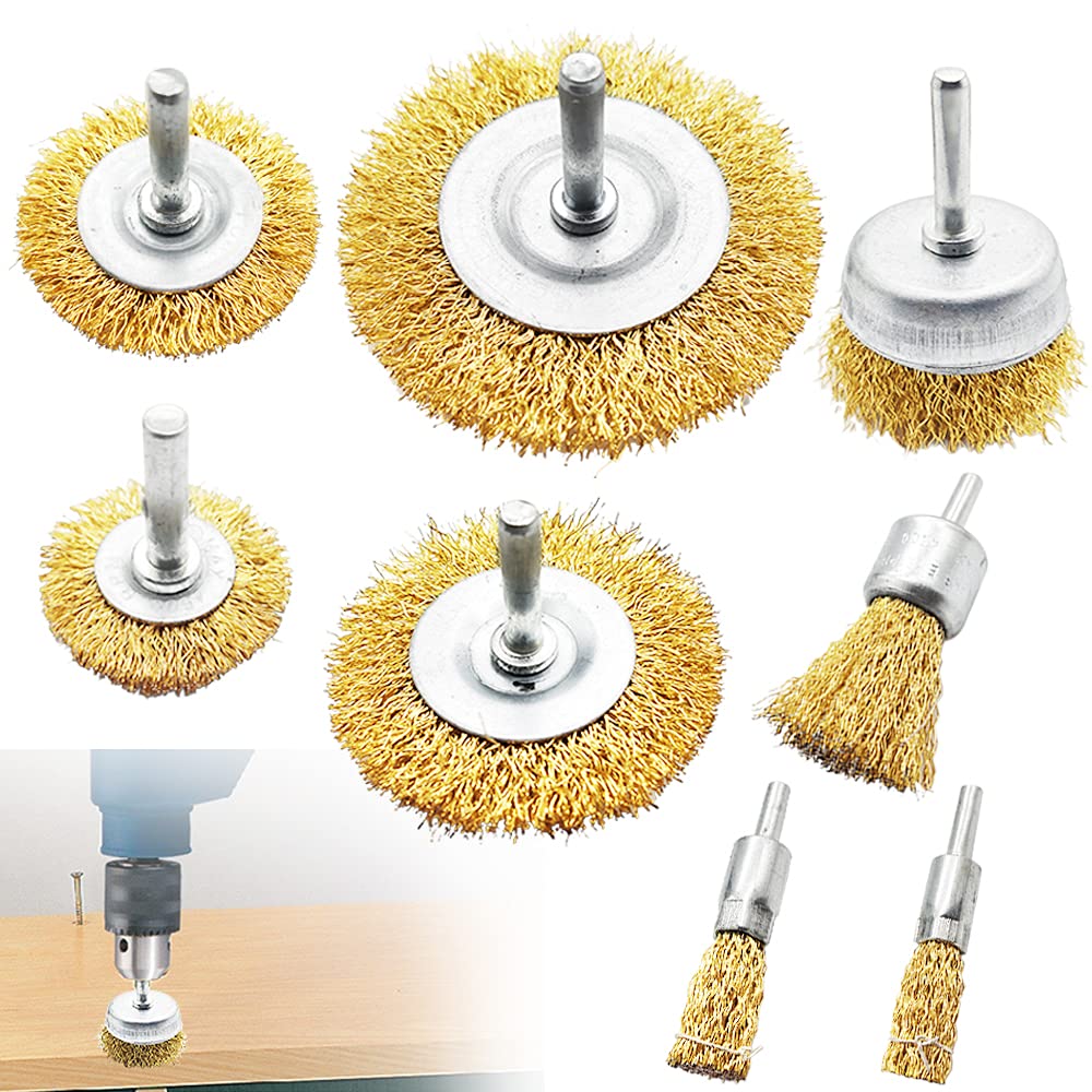 [Australia - AusPower] - 8 Pack Brass Wire Wheel Brush Kit,Wire Cup Brush Set with 1/4 Inch Shank,Wire Drill Brush Set Polishing Attachment for Removal of Rust,Corrosion,Paint,8 Sizes 