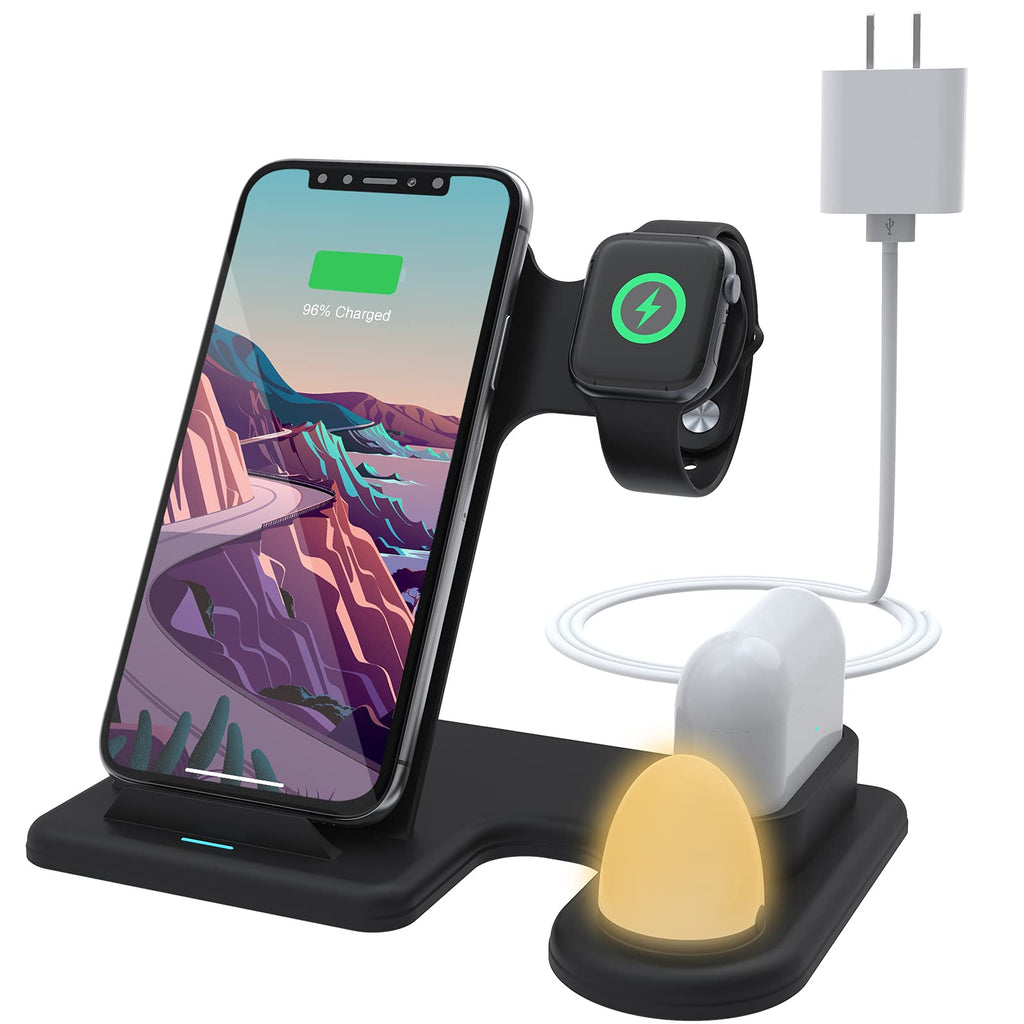 [Australia - AusPower] - Wireless Charger for Apple Watch, Halcurt 15W Wireless Charging Station for iPhone 11/12/13 Pro max/Samsung and AirPods, 4 in 1 Wireless Charging Stand with Night Light (with QC3.0 Adapter) 