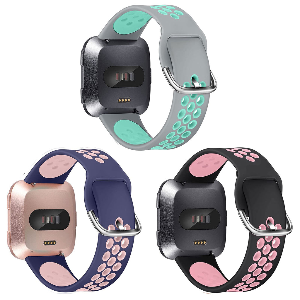 [Australia - AusPower] - EZCO Sport Bands Compatible with Fitbit Versa 2 / Versa / Versa Lite, 3-Pack Soft Silicone Replacement Watch Strap Wristbands Accessories Women Men for Versa 2 Smart Watch Grey/Teal+Blue/Pink+Black/Pink L: 6.7''-8.6'' 