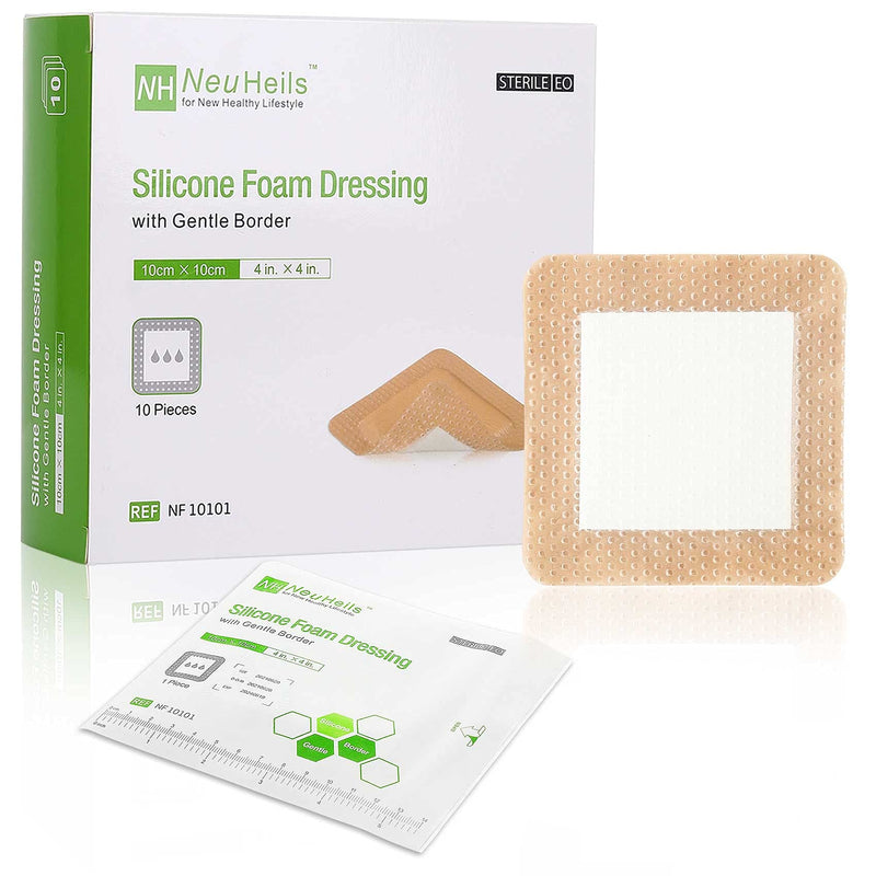 [Australia - AusPower] - Silicone Adhesive Foam Dressing with Gentle Border 4''x4'' for Bed Sore Leg Ulcer 10 Pack, High Absorbency Waterproof Silicone Wound Bandage for Foot Diabetic Ulcer 4x4 Inch (Pack of 10) 