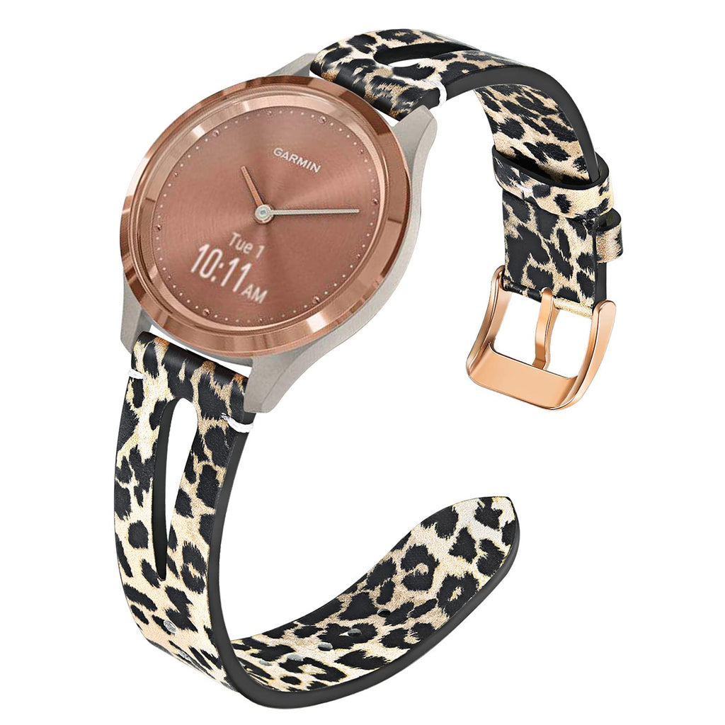 [Australia - AusPower] - TRUMiRR Leopard Watch Band for Garmin Vivoactive 4S 40mm Women, 18mm Genuine Leather Watchband Rose Gold Buckle Strap Wristband for Garmin Vivomove 3S Smartwatch 