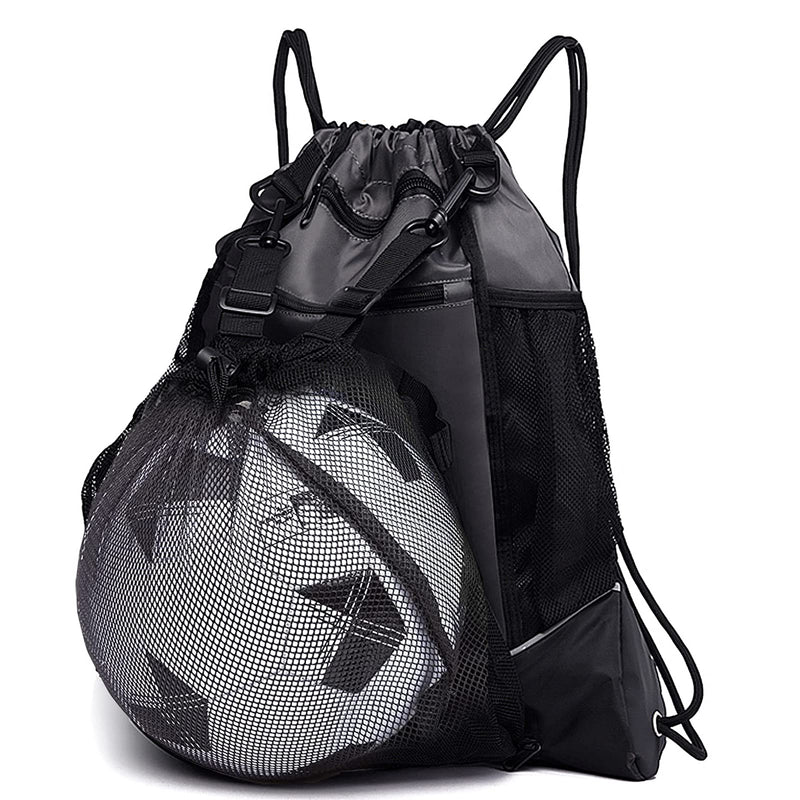 [Australia - AusPower] - KAEGREEL Drawstring Soccer Bag for Boys, Foldable Basketball Backpack Gym Bag Sackpack Sports Sack with Detachable Ball Mesh Bag for Volleyball Baseball Yoga, Grey 