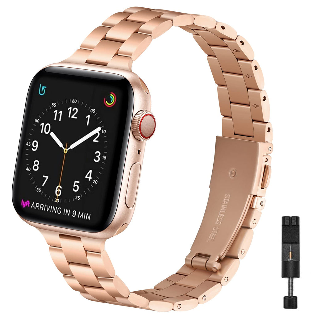[Australia - AusPower] - OMIU Thin Band Compatible with Apple Watch 40mm 38mm 41mm 42mm 44mm 45mm, Premium Stainless Steel Metal Replacement Adjustable Wristband Strap for iWatch Series 7/6/5/4/3/2/1 SE Women Men Rose Gold 38mm 40mm 41mm 