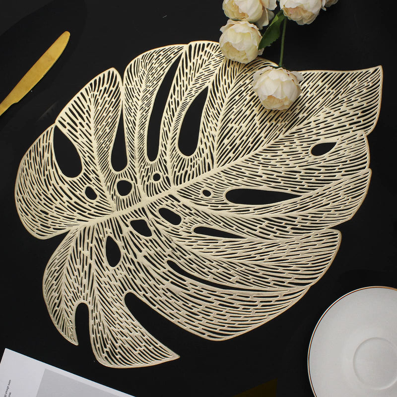[Australia - AusPower] - Mabbcoo Placemats Set of 6, Hollowed-Out Leaf Place Mats for Dining Table Pressed Vinyl Table Mats for Holiday Party Wedding Accent Centerpiece Dinner Table Decoration (Garden Gold) 6Pcs Leaf 
