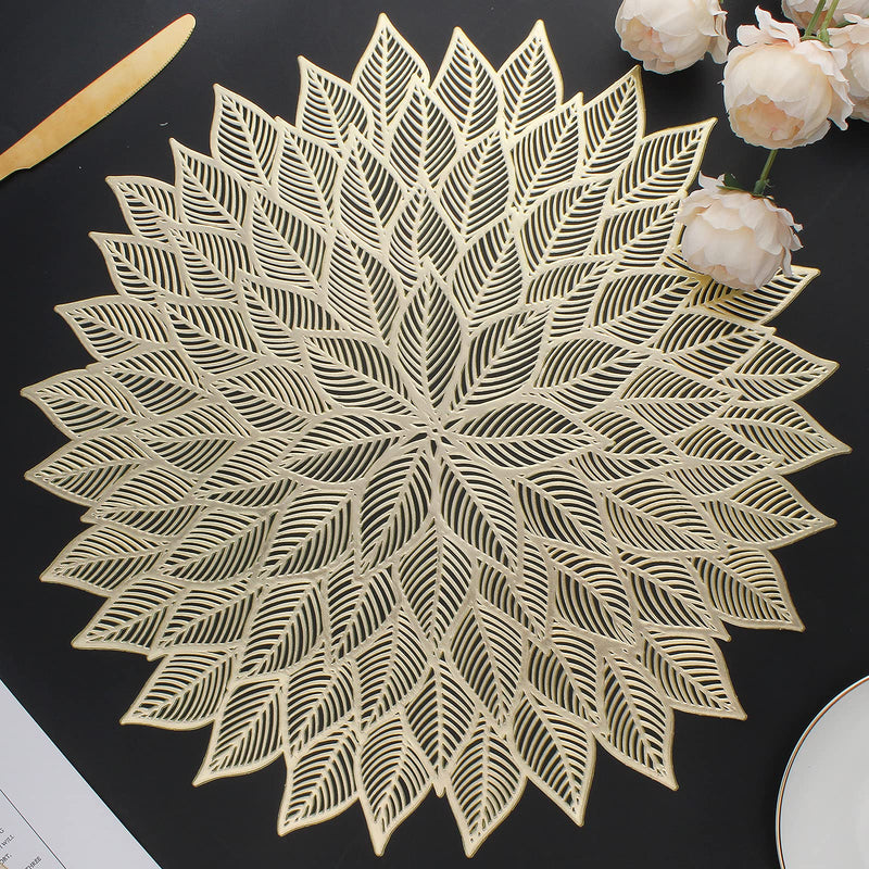 [Australia - AusPower] - Mabbcoo Placemats Set of 6, Round Hollow Out Flowers Place Mats for Dining Table Pressed Vinyl Blooming Leaf Table Mats for Holiday Party Wedding Accent Centerpiece Dinner Table Decoration (Gold) Gold 