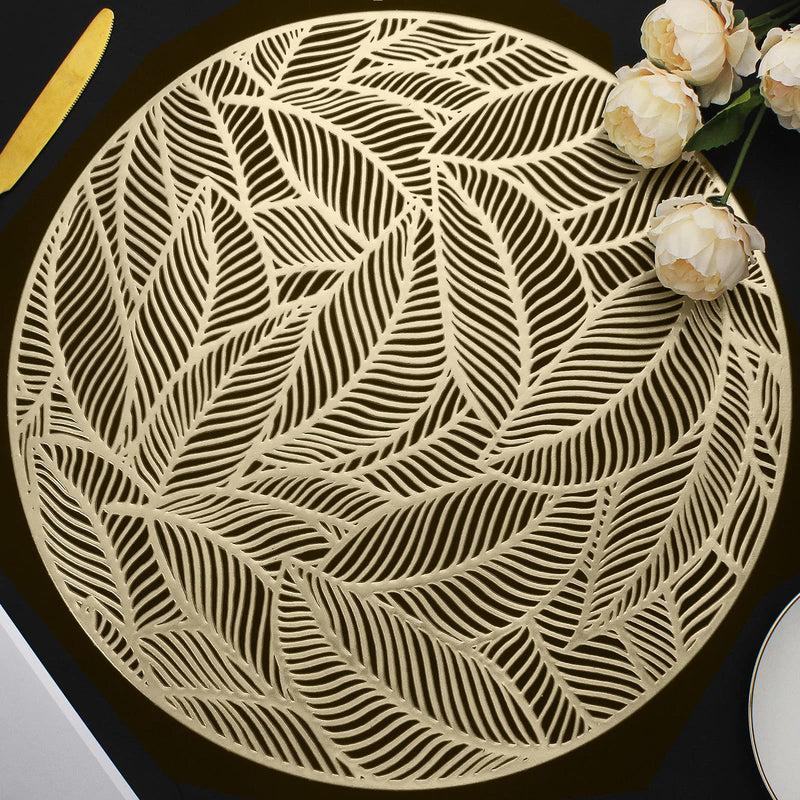 [Australia - AusPower] - Mabbcoo Placemats Set of 6, Round Leaf Place Mats for Dining Table Hollowed-Out Pressed Vinyl Table Mats for Holiday Party Wedding Accent Centerpiece Dinner Table Decoration (Gold) Leaf Round Gold 