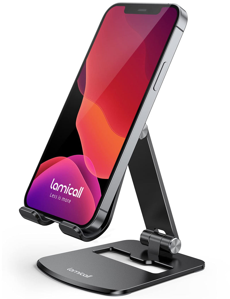 [Australia - AusPower] - Lamicall Adjustable Cell Phone Stand - Foldable Aluminum Phone Holder for Desk, Portable Phone Dock, Compatible with iPhone 13 12 11 X Xr Pro Max 8 7 6 Plus, iPad Mini, 4-10'' Cellphone and Tablets Black 