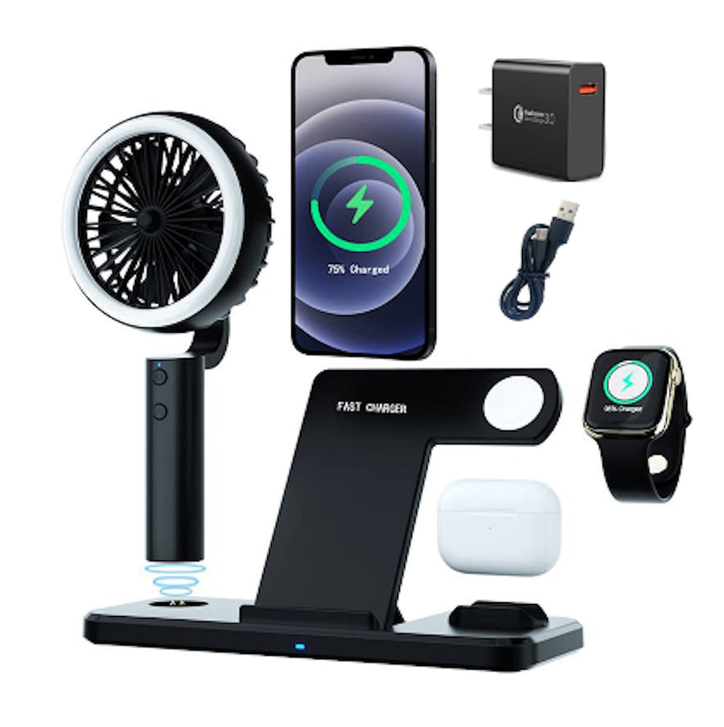 [Australia - AusPower] - 4 in 1 Wireless Charger with Mini Handheld Fan,18W Portable Wireless Charging Station for Multiple Devices with LED Light, Fast Wireless Charger Dock for iPhone 11/12/ Pro/MaX/Samsung/Airpods/iWatch 