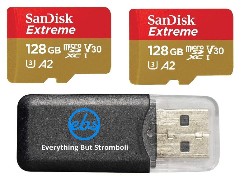 [Australia - AusPower] - SanDisk Extreme MicroSD Card 128GB Memory Card (Two Pack) for DJI Air 2S Drone (SDSQXA1-128G-GN6MN) 4K Video Speed V30 UHS-I A2 160MB/s SDXC Bundle with (1) Everything But Stromboli Micro Card Reader 