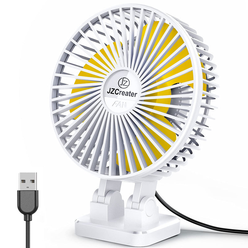 [Australia - AusPower] - JZCreater USB Desk Fan, 5INCH Mini Fan, 3 Speeds Adjustable Desktop Table Cooling Fan in Single Button , Rotation Strong Wind, Quiet Personal Mini Fan for Home Desktop Office Travel,（White） White Yellow 