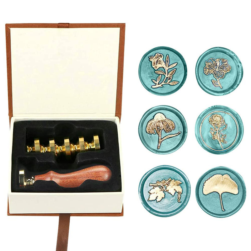 [Australia - AusPower] - Wax Seal Stamp Kit, Afobby Plant Set with 6 PCS Removable Brass Heads and 1 Wooden Handle, Retro Bellflower Flowers Sealing Stamps for Wedding Invitation Envelopes Decoration, medium Flower wax seal stamp kit4 