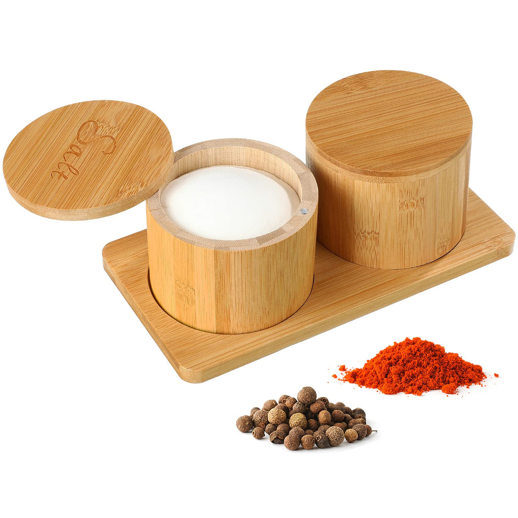 [Australia - AusPower] - Bamboo Salt and Pepper Box Set, 2 Pieces Bamboo Box with Magnetic Swivel Lid Bamboo Spices Storage Container with Tray for Kitchen Pepper Salt Spices Sugar Ingredients Store, 3.5 x 3.5 x 2.8 Inch 