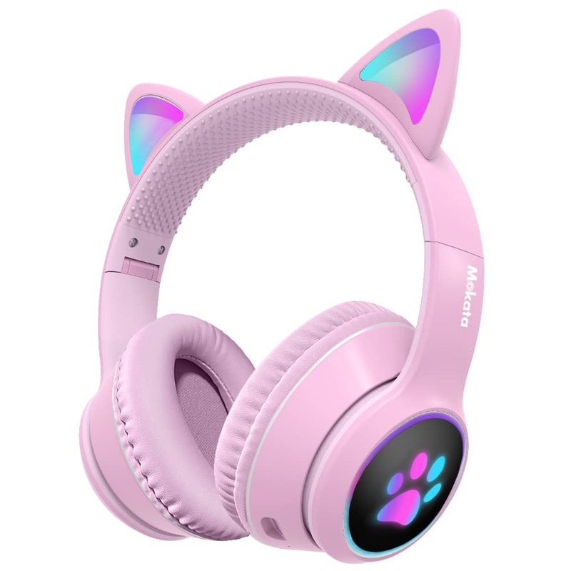 [Australia - AusPower] - Mokata Gaming Bluetooth 5.0 Wireless Headphones Over Ear Cat LED Light Foldable Music Headset with AUX 3.5mm Microphone (Built-in) for Adult & Kids PC TV Game Music Pad Laptop Cellphone Pink Bluetooth Wireless 