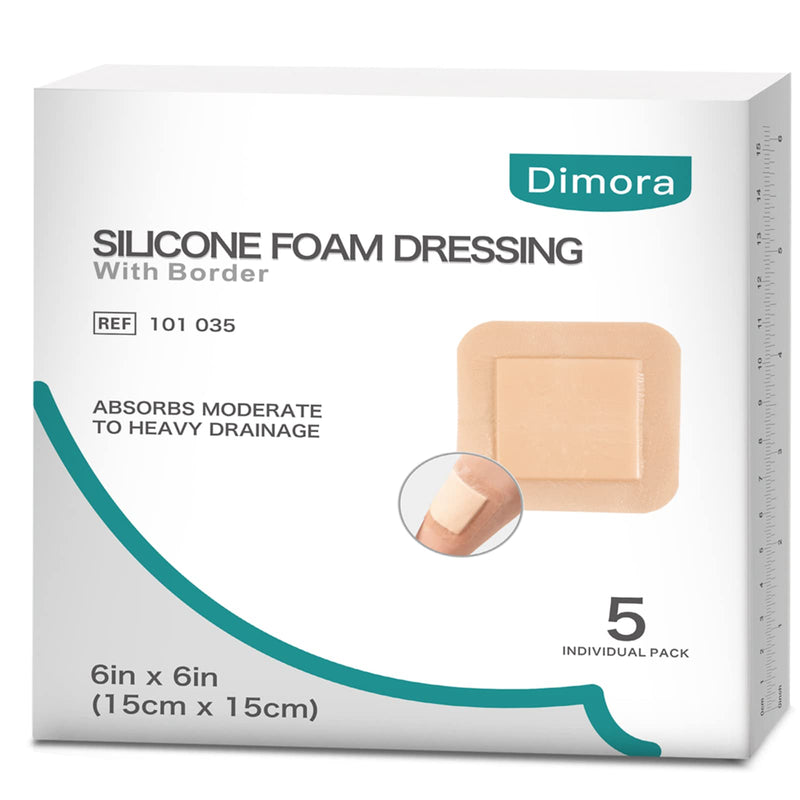 [Australia - AusPower] - Dimora Silicone Foam Dressing with Border Adhesive 6"x6" Waterproof Wound Dressing Bandage for Wound Care 5 Pack 6x6 Inch (Pack of 5) 