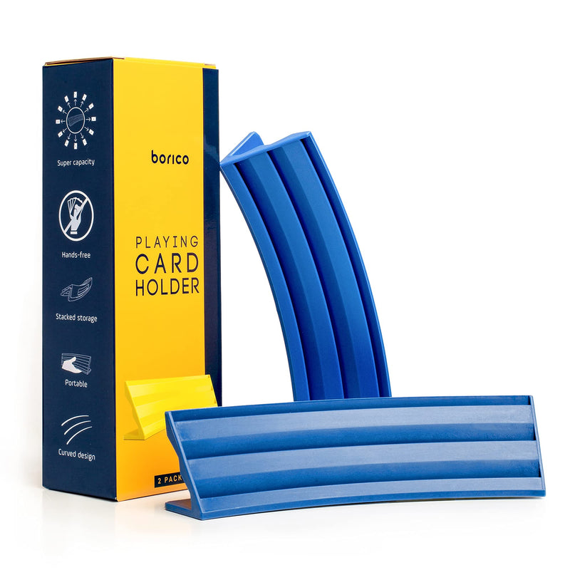 [Australia - AusPower] - Card Holders for Playing Cards - BORICO Hands-Free Playing Card Holder for Kids and Adults (Pack of 2), Portable & Stacked Storage Game Card Tray for Arthritis Patients with a Travel Pouch (Blue) Blue 