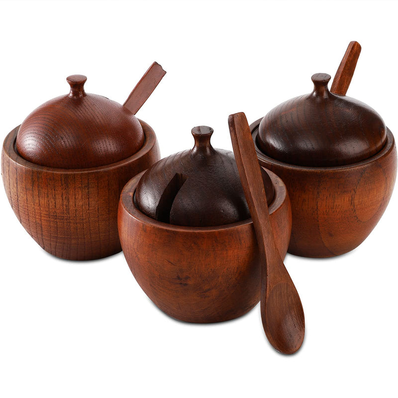 [Australia - AusPower] - DEAYOU 3 Pack Wooden Salt Box with Lid and Spoon, Natural Wood Spice Pepper Containers Cellars, Round Sugar Condiment Bowls Storage Jars Keepers for Seasoning, Chili Powder 