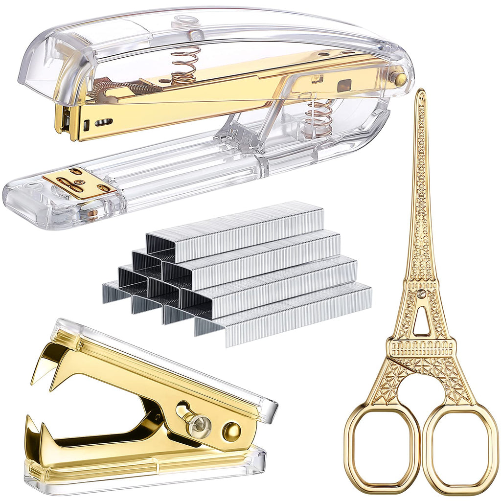 [Australia - AusPower] - Stapler and Scissors Set Include Acrylic Stapler with 1000 Pieces Staples Metal Scissors Acrylic Staples Remover for Office Accessories Present Idea (Gold) Gold 