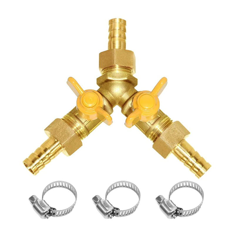 [Australia - AusPower] - Hooshing 1/4" Hose Barb Brass 3 Way Shut Off Valve 2 Switch Y Shaped Ball Valve with Stainless clamps for Water Fuel Air 