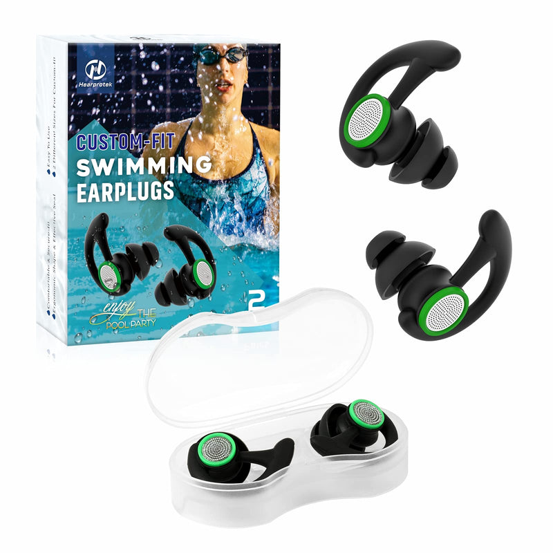 [Australia - AusPower] - 2 Pairs Ear Plugs for Swimming Adults, Hearprotek Reusable Custom-fit Swim Water Ear Plugs Men Women for Swimmers Shower Pool Bath Surfing Kayaking Canoeing(Black) 