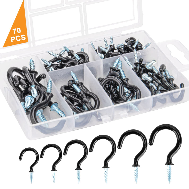 [Australia - AusPower] - 70PCS Ceiling Hooks, 6 Sizes Black Cup Hooks Vinyl Coated Screw Hooks for Hanging Plants, Cups, Utensils, Lights, Indoor & Outdoor Use ( 1/ 2" , 5/ 8" , 3/ 4" , 7/ 8" , 1'' , 1- 1/ 4" ) 