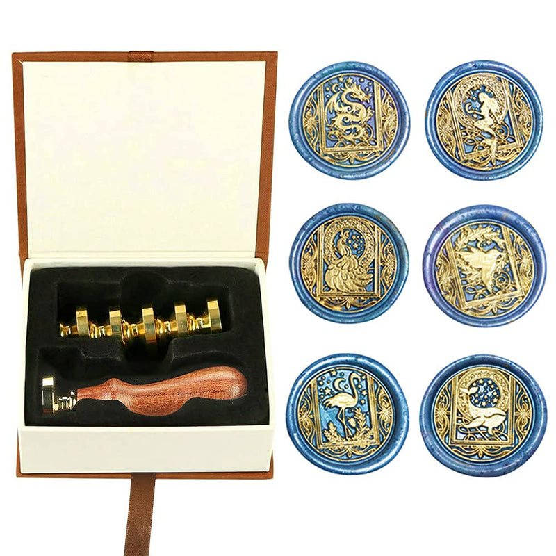 [Australia - AusPower] - Afobby Wax Seal Stamp Kit, Animal Wax Seal Stamp Set with 6 PCS Removable Brass Heads and 1 Wooden Handle, Dragon Mermaid Peacock Hummingbird Sealing Wax Stamps for Wedding Invitation Envelopes Animal wax seal stamp kit2 