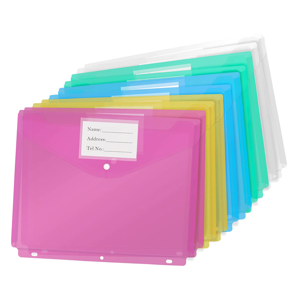 [Australia - AusPower] - 10pcs Plastic Envelopes Envelopes Binder Envelope Folder for 3 Ring Binder Letter Size/A4 Assorted Colors nap Button Pouch with Label for School, Home and Office Multi-color 