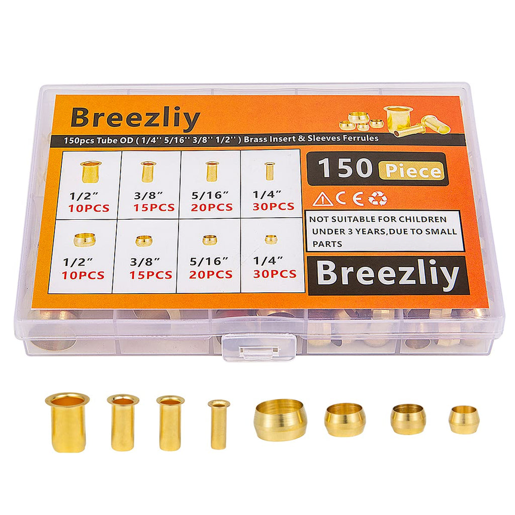 [Australia - AusPower] - Breezliy 150PCS Tube OD（1/4" 5/16" 3/8" 1/2") Brass Compression Sleeves Ferrules & Insert,4 Sizes Brass Compression Fitting Assortment Kit 150PCS Sleeves Ferrules & Insert 