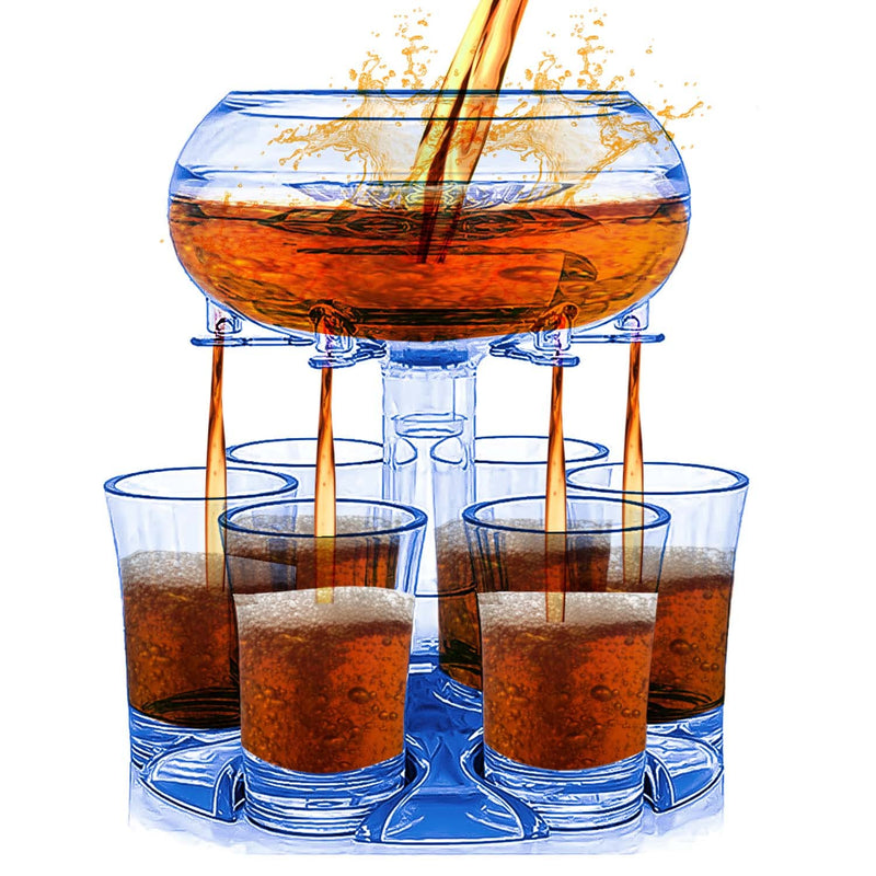 [Australia - AusPower] - Mixt Shots 6 Shot Glass Dispenser and Holder, Multiple Shot Pourer with Stopper for Cocktail, Wine and Juice, Party Drink and Beverage Dispenser for Filling Liquids (15x15x17 cm, Blue Transparent) 