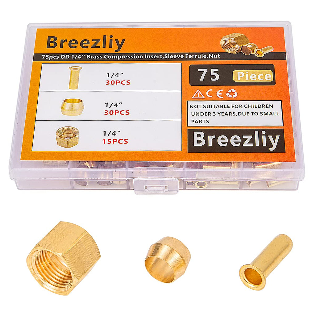 [Australia - AusPower] - Breezliy 1/4 Inch OD Brass Compression Insert,Sleeve Ferrule,Nut 75PCS 75pcs 1/4 Assortment Kit 