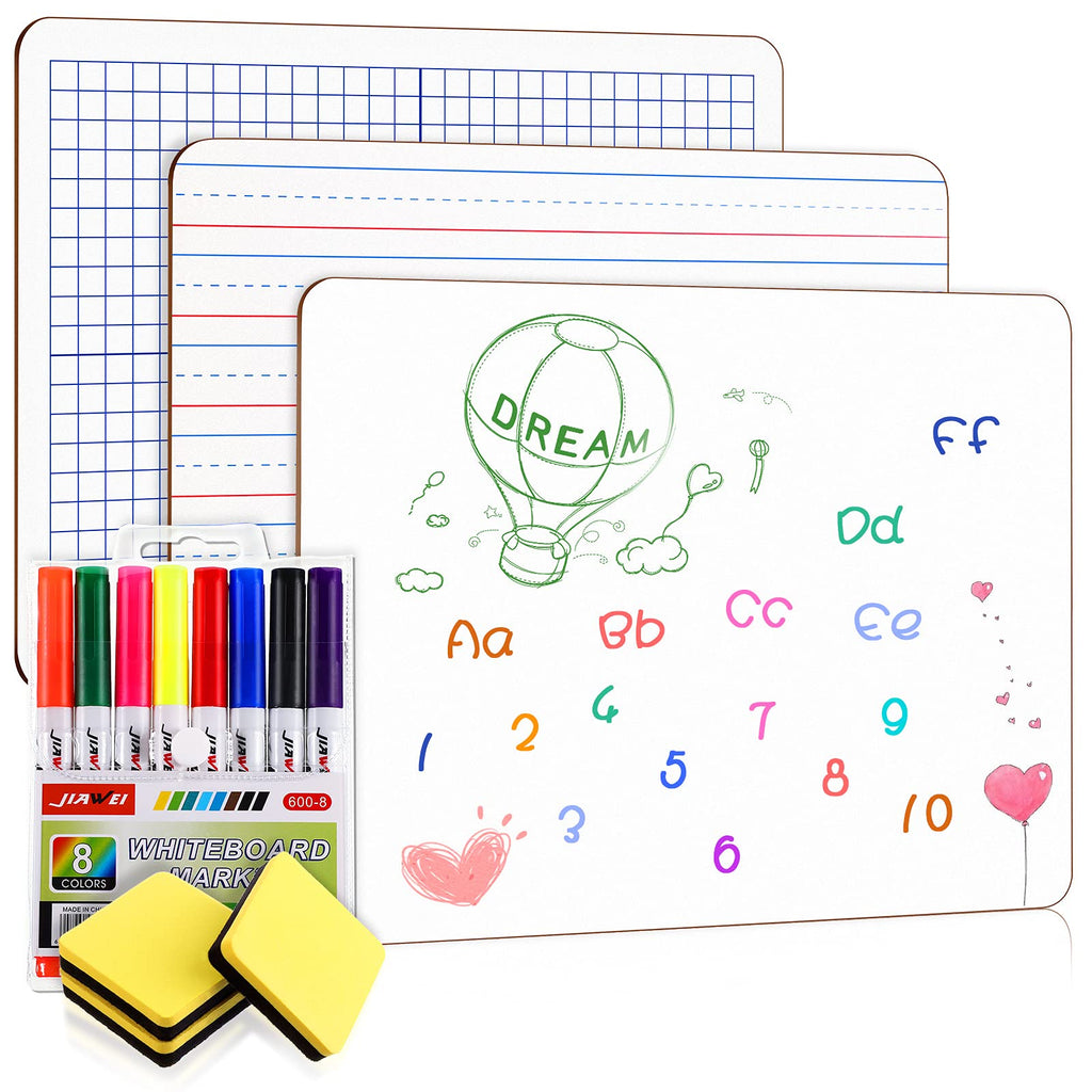 [Australia - AusPower] - 3 Pieces Dry Erase Board Set, Ruled Dry Erase Lapboard Double Sided White Board and Reusable XY Axis Graph Lap Board with 8 Colorful Markers and 3 Erasers for Kid Student, Home School Office Supplies 