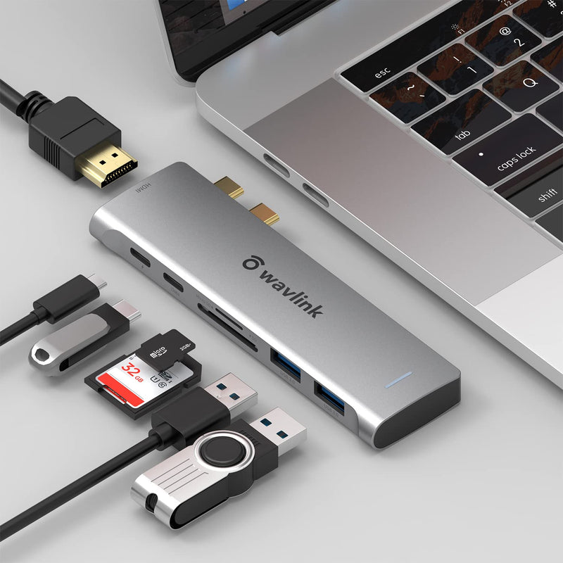 [Australia - AusPower] - WAVLINK 7-in-2 Type C Hub Mini Docking Station with 4K HDMI, 2 USB 3.0, SD/TF Card Reader, Thunderbolt 3100W PD Port, USB C Hub Adapter for MacBook Pro 2016-2020/Air 2018-2020. 